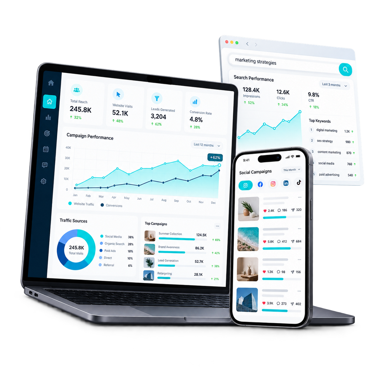 Marketing analytics dashboard and campaign previews