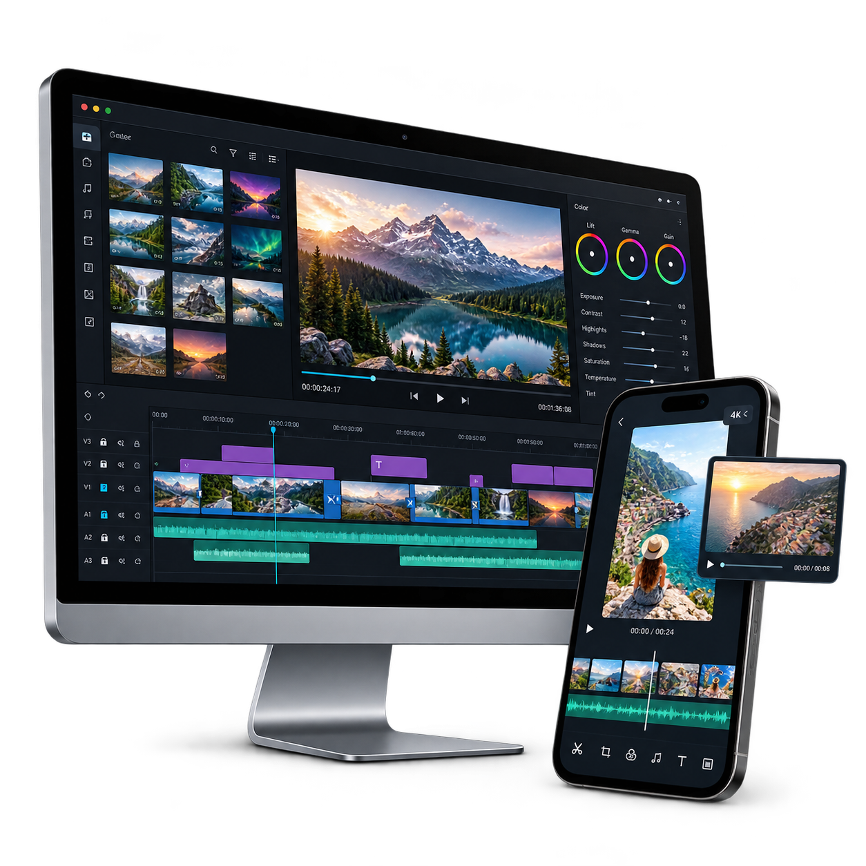 Video editing timeline screen and mobile preview
