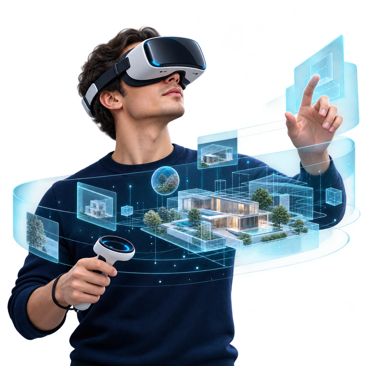 Person wearing a VR headset exploring spatial architecture